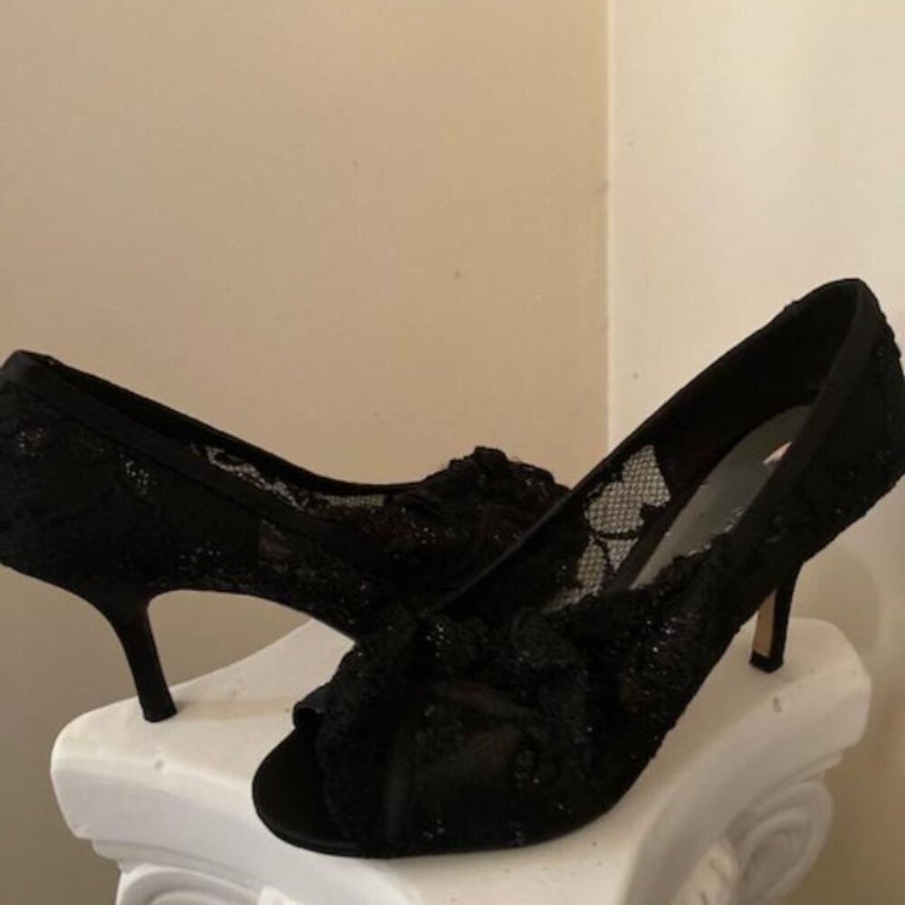 Ann Marino black lace open-toe pumps, Size 7, 3-inch heels